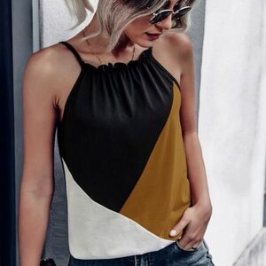 SHEIN Black Brown Y2K Retro Artsy Geo Color Block Soft Stretch Tank Top Sz. S